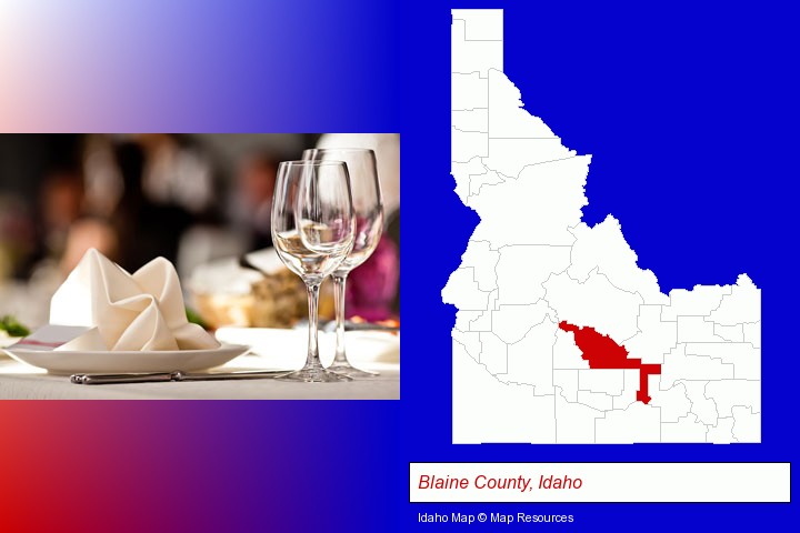 a restaurant table place setting; Blaine County, Idaho highlighted in red on a map