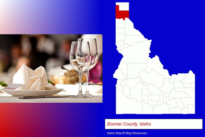 a restaurant table place setting; Bonner County, Idaho highlighted in red on a map