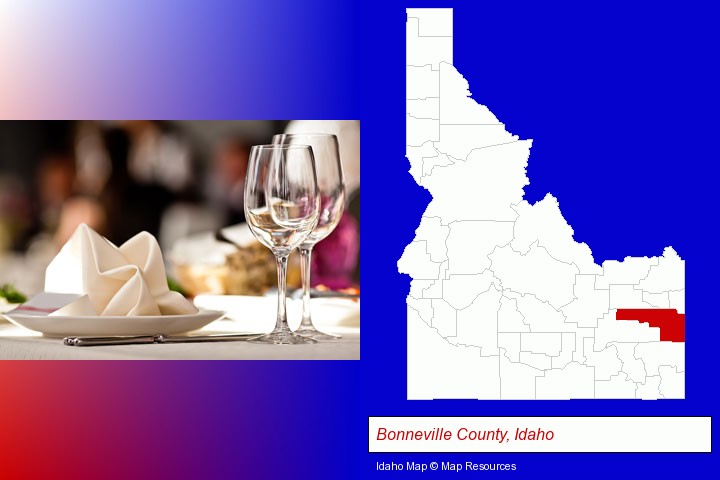 a restaurant table place setting; Bonneville County, Idaho highlighted in red on a map