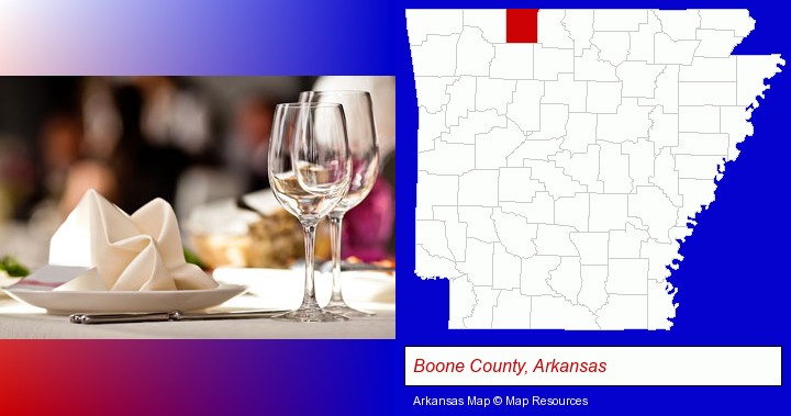 a restaurant table place setting; Boone County, Arkansas highlighted in red on a map