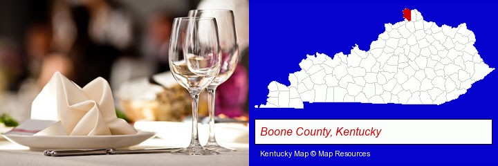 a restaurant table place setting; Boone County, Kentucky highlighted in red on a map