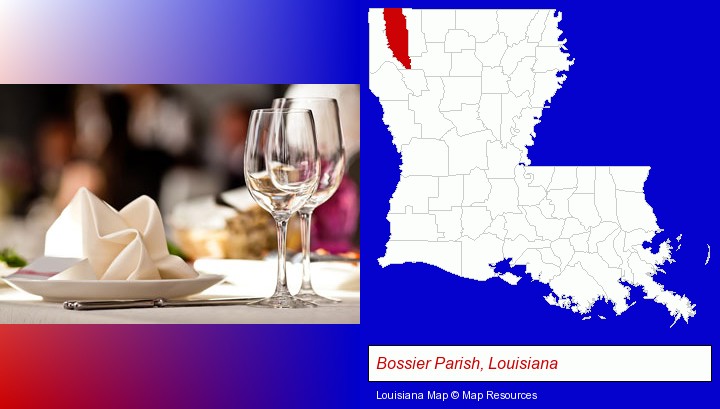 a restaurant table place setting; Bossier Parish, Louisiana highlighted in red on a map