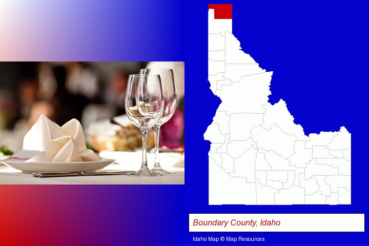 a restaurant table place setting; Boundary County, Idaho highlighted in red on a map