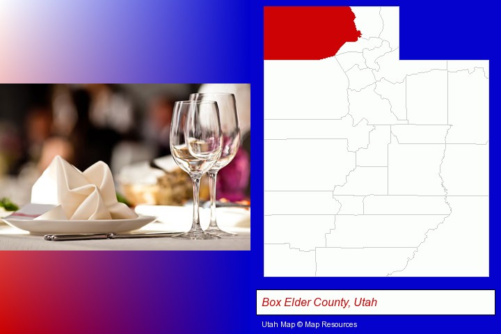 a restaurant table place setting; Box Elder County, Utah highlighted in red on a map