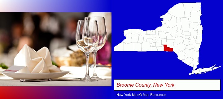 a restaurant table place setting; Broome County, New York highlighted in red on a map