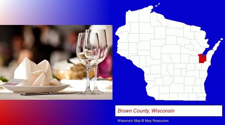 a restaurant table place setting; Brown County, Wisconsin highlighted in red on a map