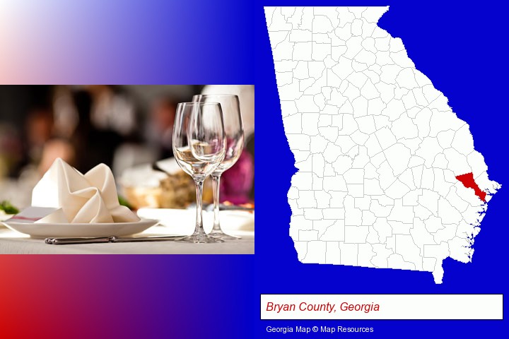 a restaurant table place setting; Bryan County, Georgia highlighted in red on a map