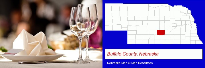 a restaurant table place setting; Buffalo County, Nebraska highlighted in red on a map