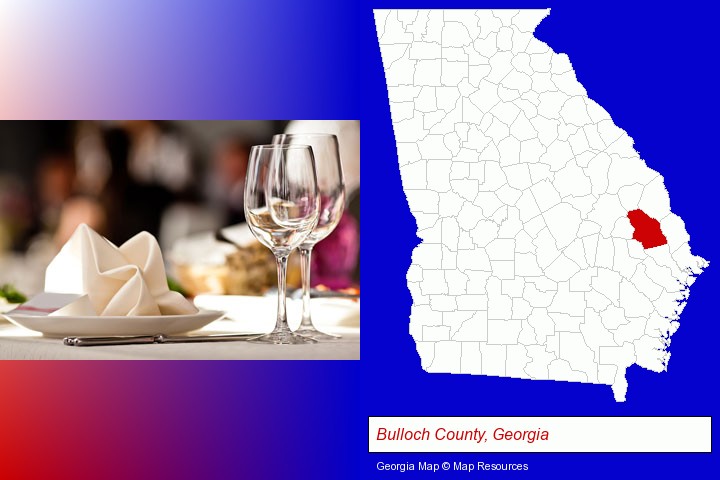 a restaurant table place setting; Bulloch County, Georgia highlighted in red on a map