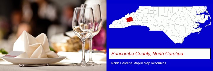 a restaurant table place setting; Buncombe County, North Carolina highlighted in red on a map