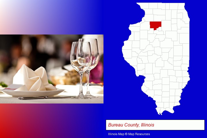 a restaurant table place setting; Bureau County, Illinois highlighted in red on a map