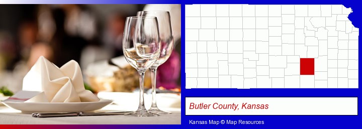 a restaurant table place setting; Butler County, Kansas highlighted in red on a map