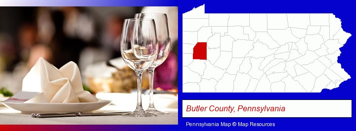 a restaurant table place setting; Butler County, Pennsylvania highlighted in red on a map