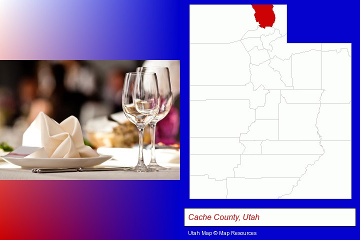 a restaurant table place setting; Cache County, Utah highlighted in red on a map
