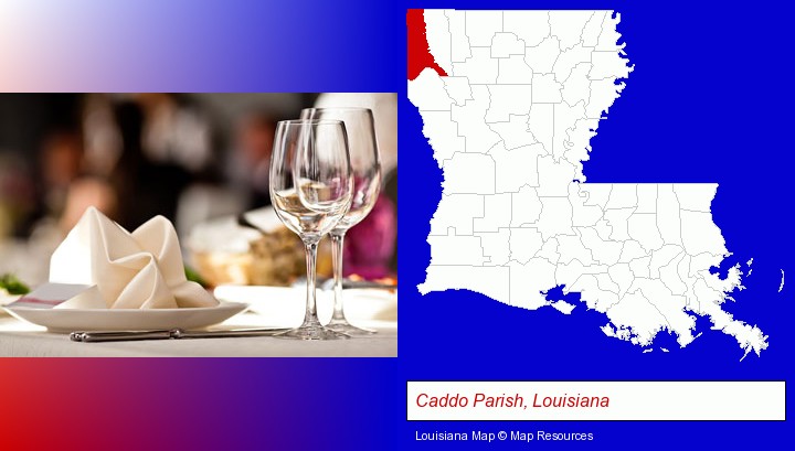 a restaurant table place setting; Caddo Parish, Louisiana highlighted in red on a map
