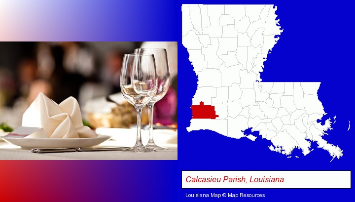 a restaurant table place setting; Calcasieu Parish, Louisiana highlighted in red on a map