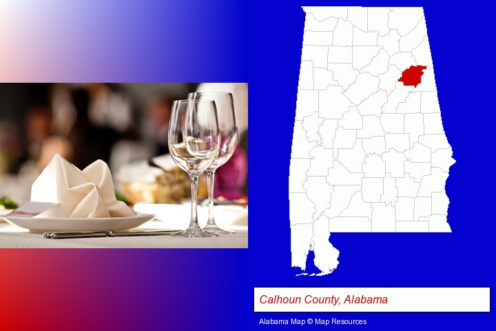 a restaurant table place setting; Calhoun County, Alabama highlighted in red on a map