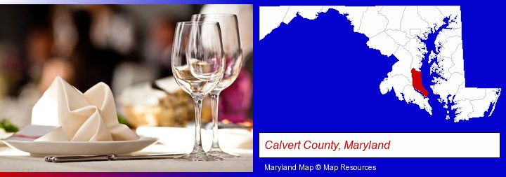 a restaurant table place setting; Calvert County, Maryland highlighted in red on a map
