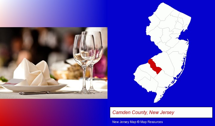 a restaurant table place setting; Camden County, New Jersey highlighted in red on a map