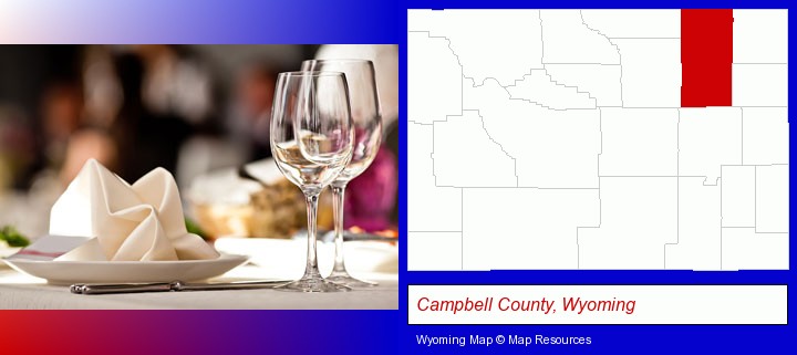 a restaurant table place setting; Campbell County, Wyoming highlighted in red on a map