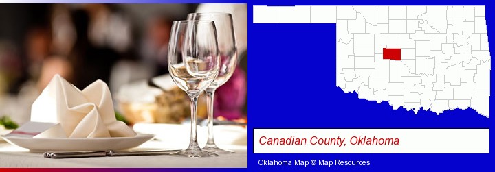 a restaurant table place setting; Canadian County, Oklahoma highlighted in red on a map
