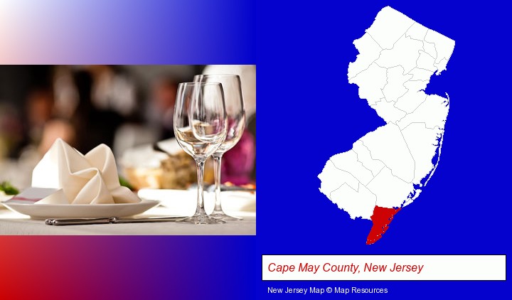 a restaurant table place setting; Cape May County, New Jersey highlighted in red on a map