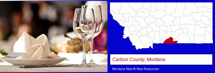 a restaurant table place setting; Carbon County, Montana highlighted in red on a map