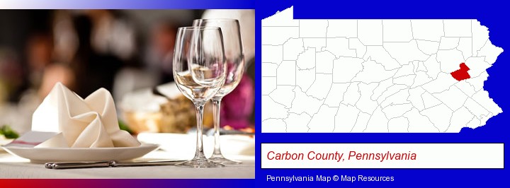 a restaurant table place setting; Carbon County, Pennsylvania highlighted in red on a map