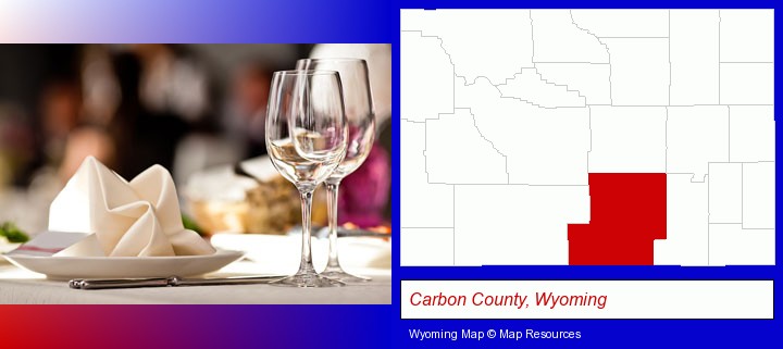 a restaurant table place setting; Carbon County, Wyoming highlighted in red on a map