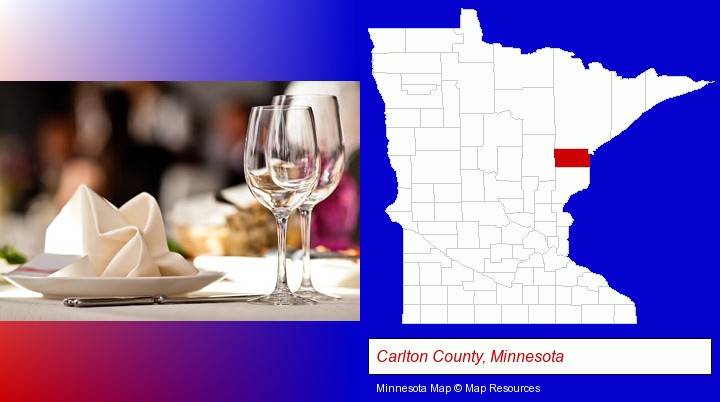 a restaurant table place setting; Carlton County, Minnesota highlighted in red on a map