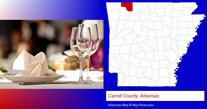 a restaurant table place setting; Carroll County, Arkansas highlighted in red on a map