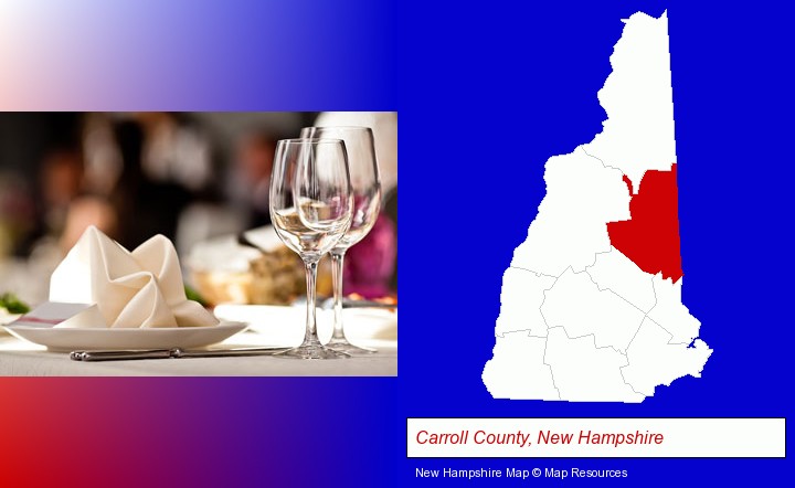 a restaurant table place setting; Carroll County, New Hampshire highlighted in red on a map