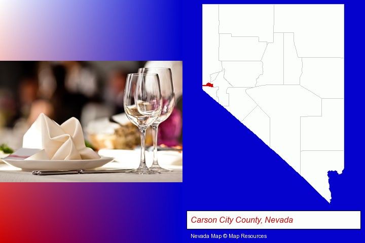 a restaurant table place setting; Carson City County, Nevada highlighted in red on a map