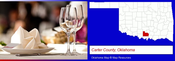 a restaurant table place setting; Carter County, Oklahoma highlighted in red on a map