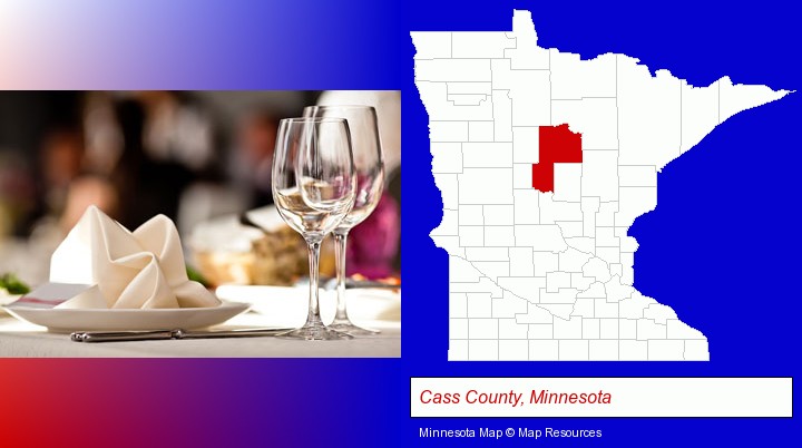 a restaurant table place setting; Cass County, Minnesota highlighted in red on a map