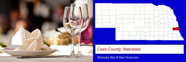 a restaurant table place setting; Cass County, Nebraska highlighted in red on a map