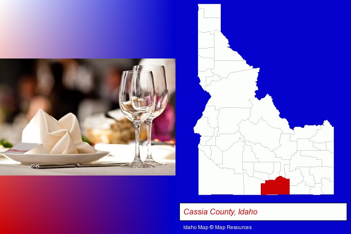a restaurant table place setting; Cassia County, Idaho highlighted in red on a map