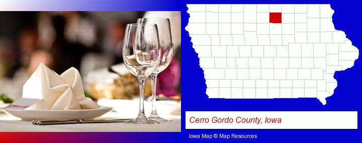 a restaurant table place setting; Cerro Gordo County, Iowa highlighted in red on a map