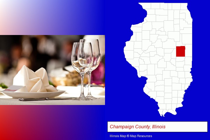 a restaurant table place setting; Champaign County, Illinois highlighted in red on a map