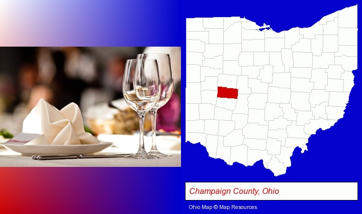 a restaurant table place setting; Champaign County, Ohio highlighted in red on a map