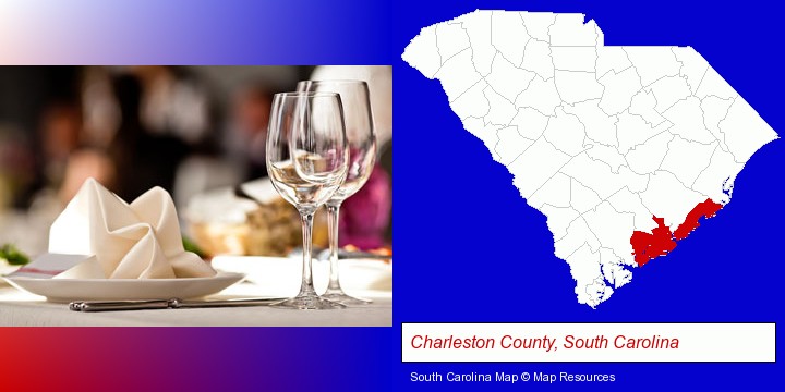 a restaurant table place setting; Charleston County, South Carolina highlighted in red on a map