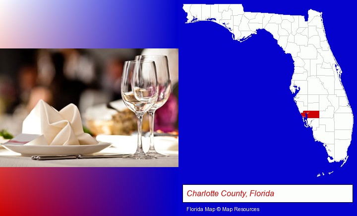 a restaurant table place setting; Charlotte County, Florida highlighted in red on a map