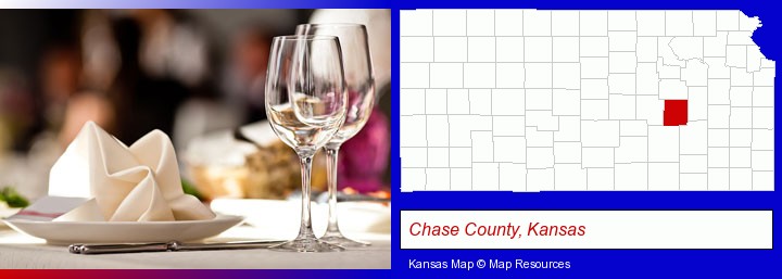 a restaurant table place setting; Chase County, Kansas highlighted in red on a map