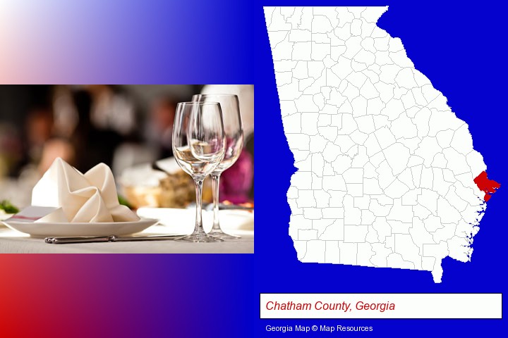 a restaurant table place setting; Chatham County, Georgia highlighted in red on a map