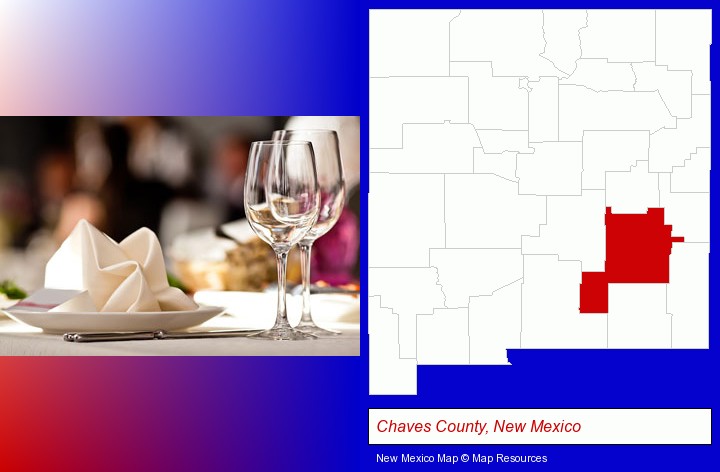a restaurant table place setting; Chaves County, New Mexico highlighted in red on a map