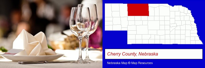 a restaurant table place setting; Cherry County, Nebraska highlighted in red on a map