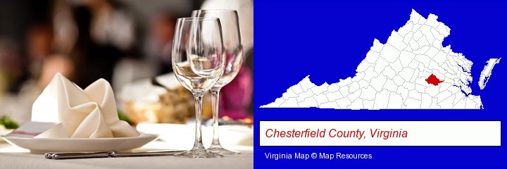 a restaurant table place setting; Chesterfield County, Virginia highlighted in red on a map