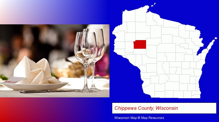a restaurant table place setting; Chippewa County, Wisconsin highlighted in red on a map