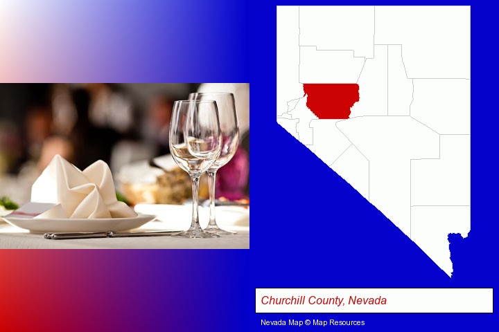 a restaurant table place setting; Churchill County, Nevada highlighted in red on a map