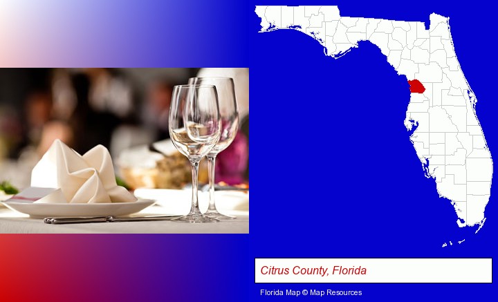 a restaurant table place setting; Citrus County, Florida highlighted in red on a map